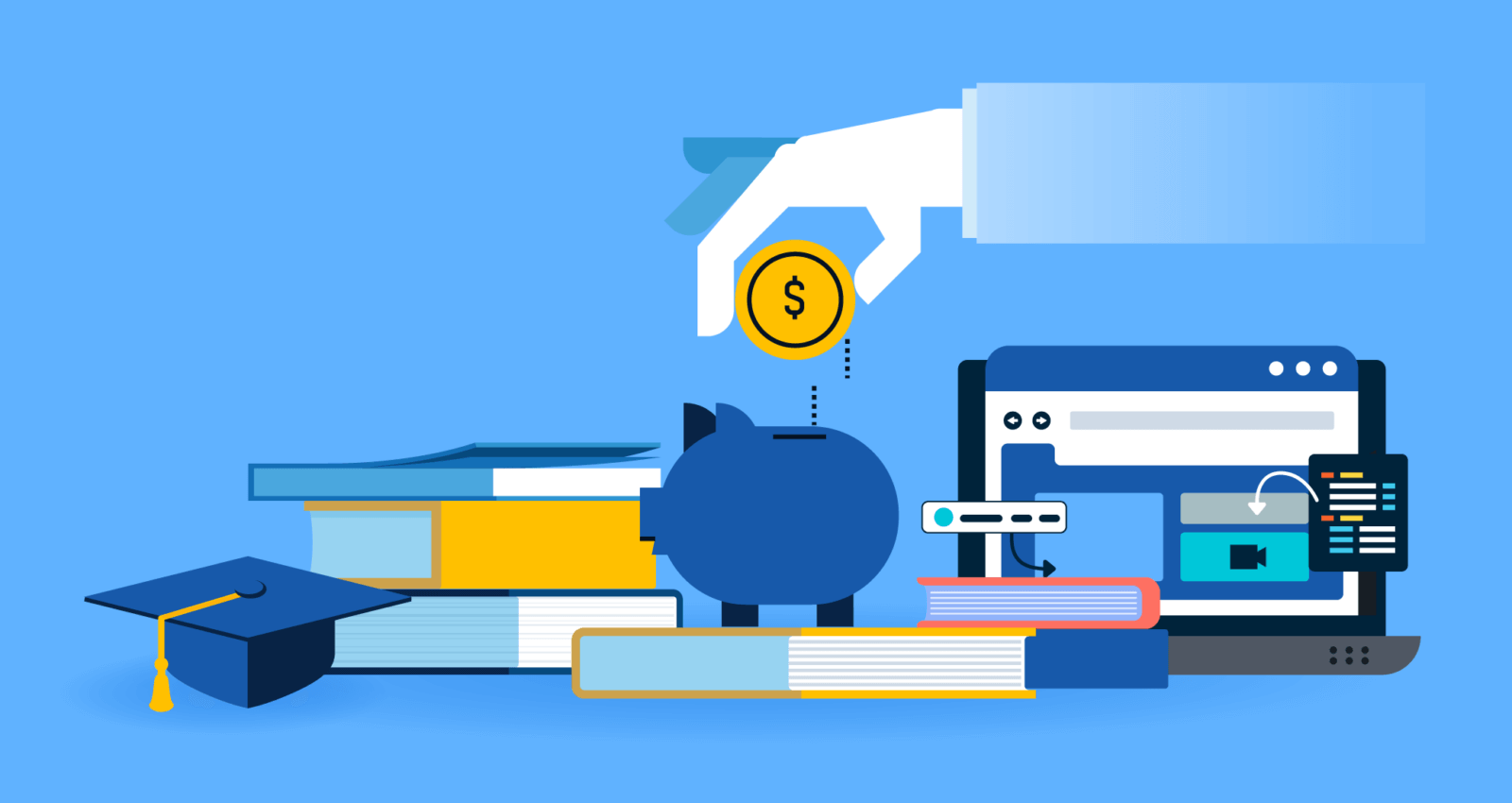 piggy bank, books, web design graphic